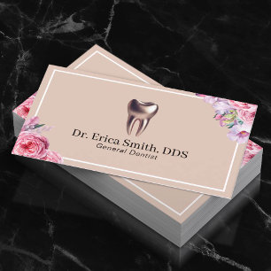 Cartão De Visita Dentista Elegante Rosa Floral Dourada Dentária