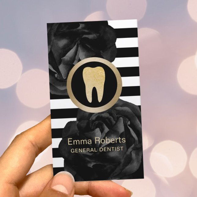 Cartão De Visita Dentista Moderna Strips Preto Atenção Dentária Flo (Criador carregado)