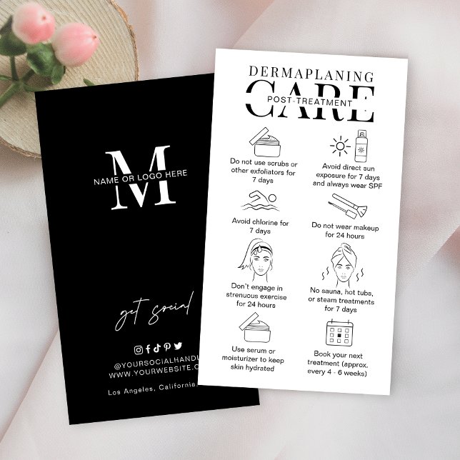 Cartão De Visita Dermapeamento de Instruções de Cuidados Pós-Cuidad (Minimalist dermaplaning care cards with icons, space for your logo and minimalist design)