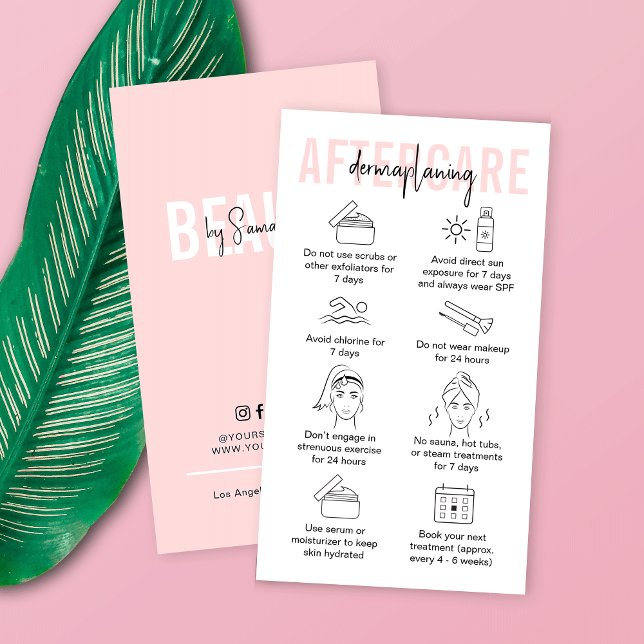 Cartão De Visita Dermapeamento do Cosmetologista Rosa Guia de Pós-C (Modern dermaplaning facial treatment aftercare cards in pink and white with care icons)