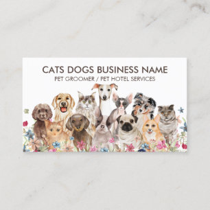 Cartão De Visita Desenho Floral Branco com Gatos Cachorros