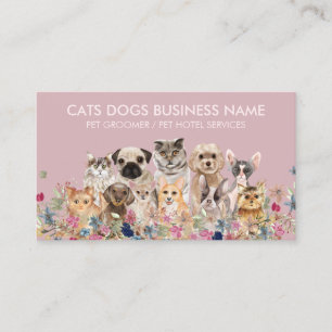 Cartão De Visita Desenho Floral Rosa com Gatos Cachorros