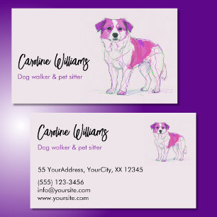 Cartão De Visita Desenho moderno rosa roxo de passeador de cães pet