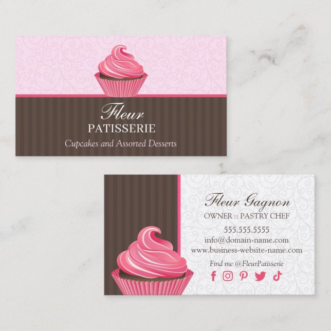 Cartão De Visita Design de Cupcake rosa elegante (Frente/Verso)