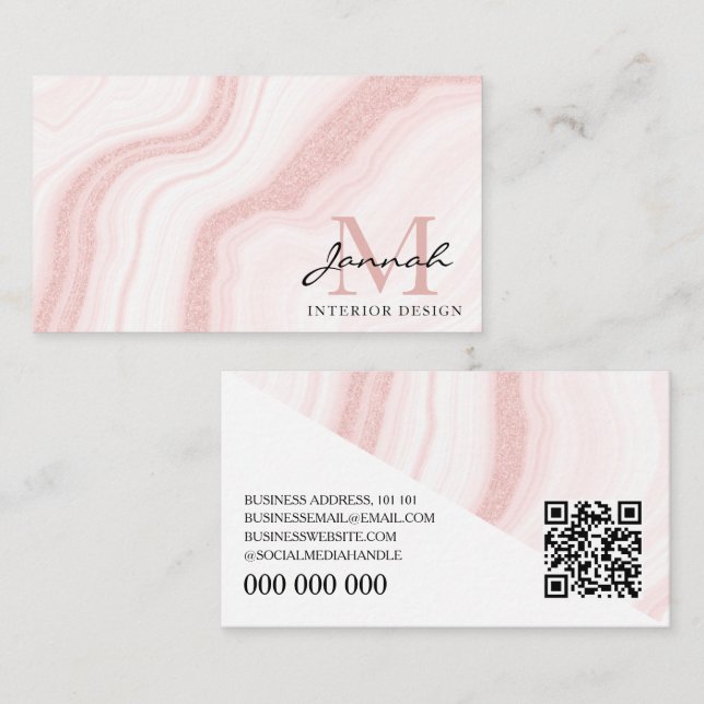 Cartão De Visita Design de Interiores Moderno Código QR Mármore Ros (Frente/Verso)
