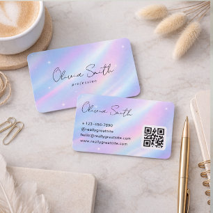 Cartão De Visita Design de Nome com Script Holográfico Pastel Elega