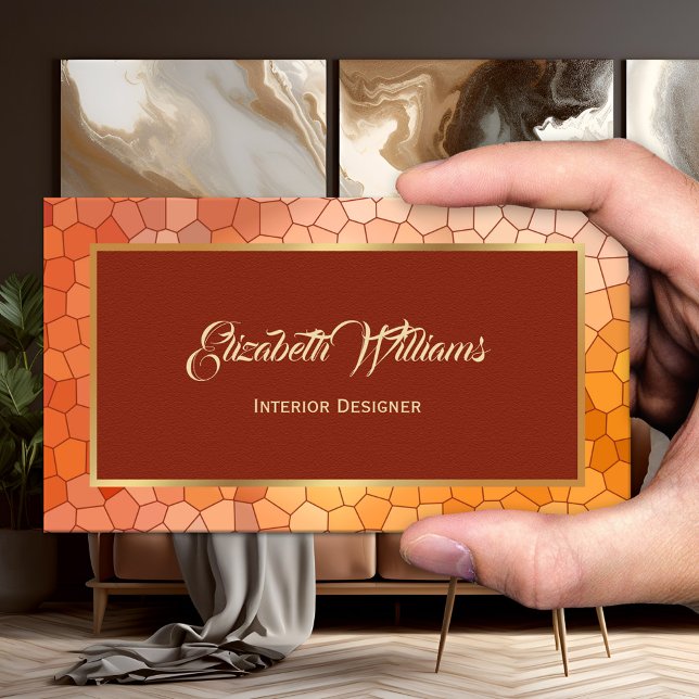 Cartão De Visita Design Dourado do Interior Terra Cotta (Business card showing a stained glass design with burgundy, terra cotta and gold - interior designer)