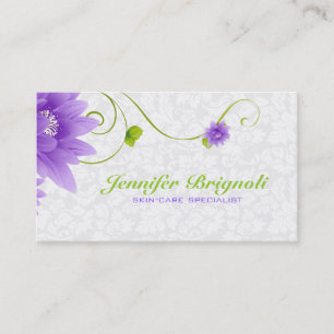 Cartão De Visita Design floral branco e verde roxo