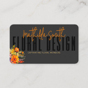 Cartão De Visita Design Floral Sofisticado Flores Laranja Preta