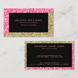 Cartão De Visita Design Geométrico Dourado e Rosa Glitter
