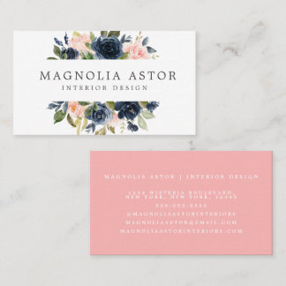 Cartão De Visita Design Interno Mola Floral Aquarela Marinho Rosa G