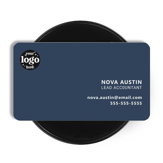 Cartão De Visita Design mínimo azul simples profissional com logoti (Criador carregado)