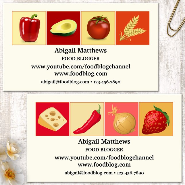 Cartão De Visita Design Moderno Simples para Blogueiro de Alimentaç (Modern business card featuring imagery of different foods on colorful backgrounds - food blogger)
