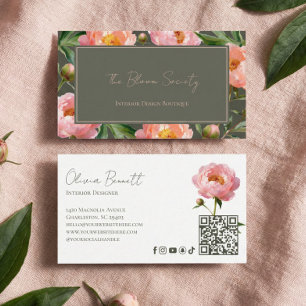 Cartão De Visita Designer de Interiores Botânico Floral Peônia Luxo