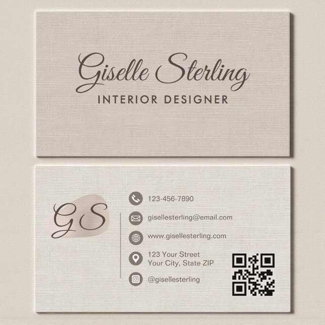 Cartão De Visita Designer de Interiores Código QR Elegante Bege em  (Criador carregado)