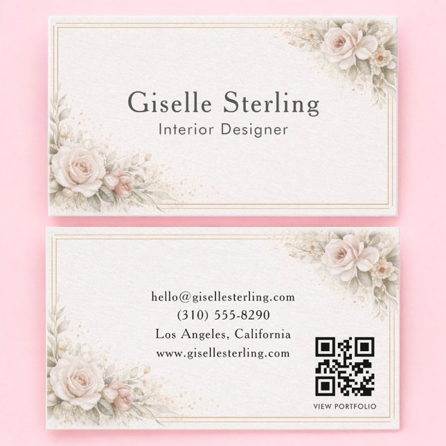 Cartão De Visita Designer de Interiores Código QR Floral Neutro (Criador carregado)