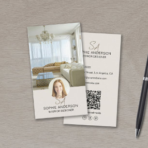Cartão De Visita Designer de Interiores de Foto QR Monograma Mídia