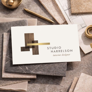 Cartão De Visita Designer de Interiores Logotipo Madeira Dourado Ma