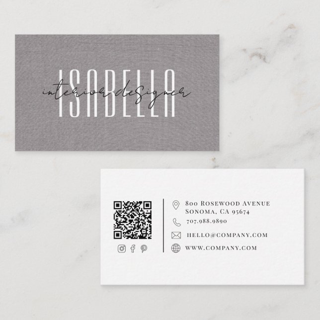 Cartão De Visita Designer de Interiores Moderno Falso Linho Script (Frente/Verso)