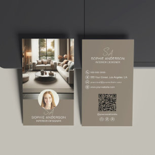 Cartão De Visita Designer de Interiores Monograma Foto QR Bege