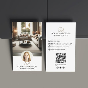 Cartão De Visita Designer de Interiores Monograma Foto QR Branco