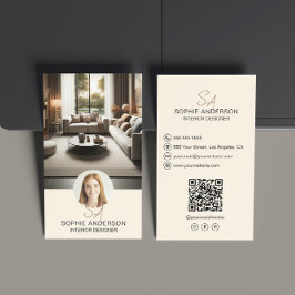 Cartão De Visita Designer de Interiores Monograma Foto QR Creme