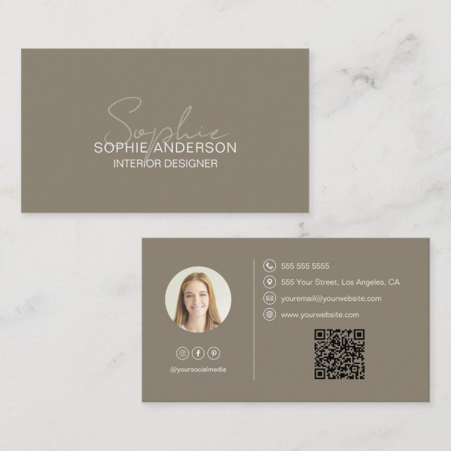 Cartão De Visita Designer de Interiores Nome do Script Foto QR Bege (Frente/Verso)