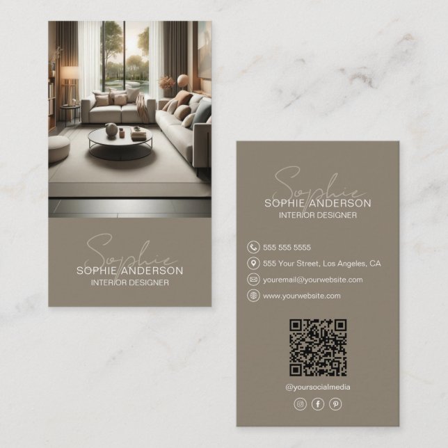 Cartão De Visita Designer de Interiores Nome do Script Foto QR Bege (Frente/Verso)