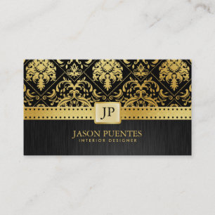 Cartão De Visita Designer de interiores preto e Dourado elegante do