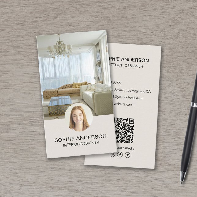 Cartão De Visita Designer de Interiores Profissional QR de Foto Per (Custom Photo QR Professional Interior Designer Business Card)
