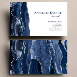 Cartão De Visita Designer de Joias de Prata Azul Naval Geodo de Ága