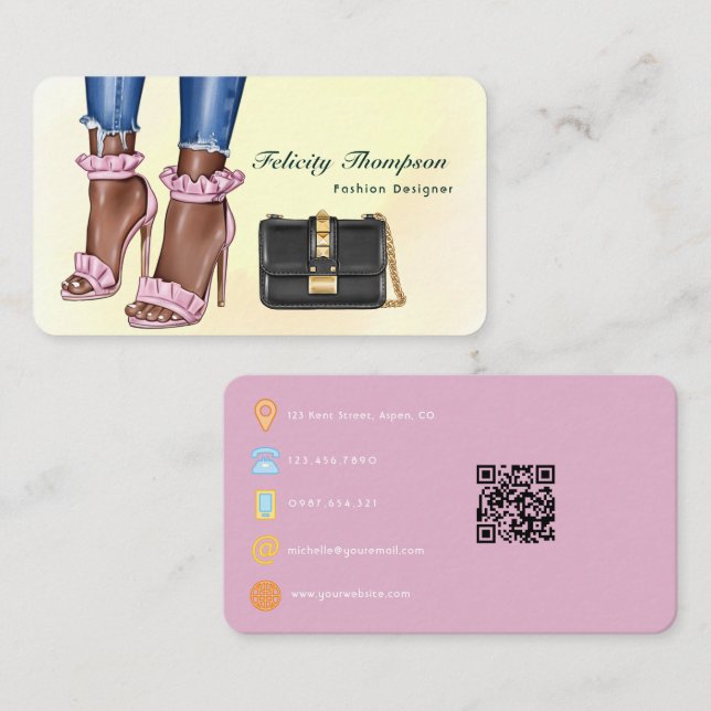 Cartão De Visita Designer de Moda Rosa e Dourado Código QR de Negóc (Frente/Verso)