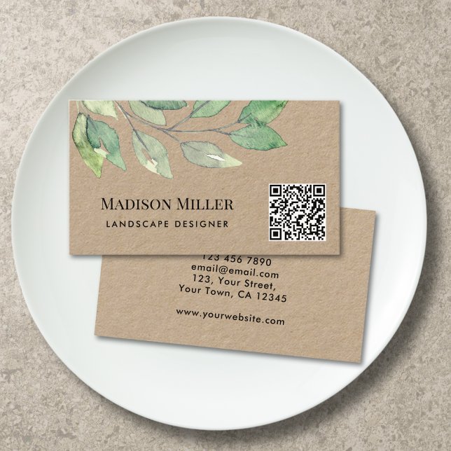 Cartão De Visita Designer de Paisagem QR Code Folhagem  (Criador carregado)