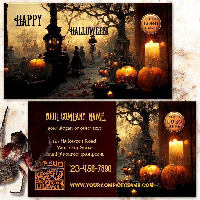 Cartão De Visita Dia das Bruxas Cemitério Assustador (Halloween business card featuring a spooky graveyard at dusk with burning candles and pumpkins)