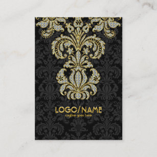 Cartão De Visita Diamantes Black & Dourado Patterno Floral Damasco