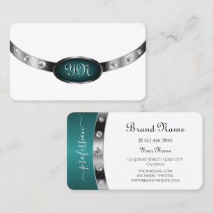 Cartão De Visita Diamantes de Teal de Prata Branca Moderna, Monogra