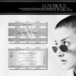 Cartão De Visita Diamond Silver Glitter Sparkle Stars com Monograma