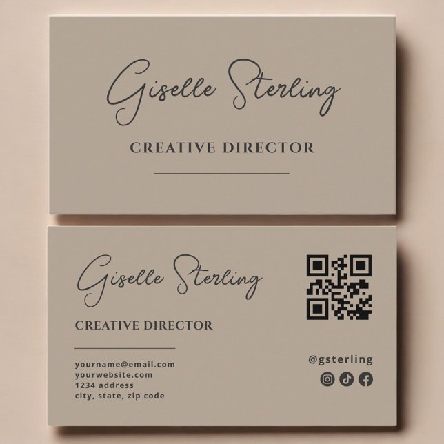 Cartão De Visita Diretor Criativo Código QR Script Neutro Bege (Criador carregado)