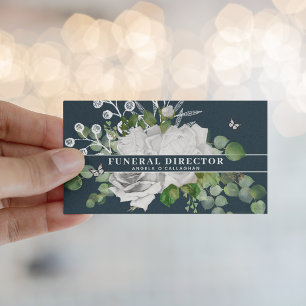 Cartão De Visita Diretor Funeral do Floral Branco Elegante e Eucali