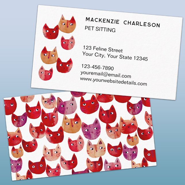 Cartão de Visita Divertido de Babá de Gato (Fun watercolor kitty cat pet sitting custom business cards)