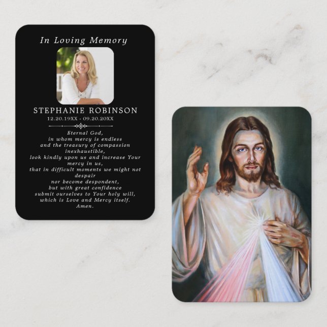 Cartão De Visita Divine Mercy Catholic Funeral Black Prayer Card (Frente/Verso)