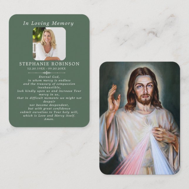 Cartão De Visita Divine Mercy Catholic Sage Green Prayer Card (Frente/Verso)