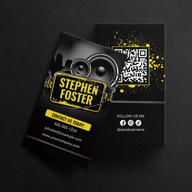 Cartão De Visita DJs Produtor Musical Signer Black Yellow Splash (Criador carregado)