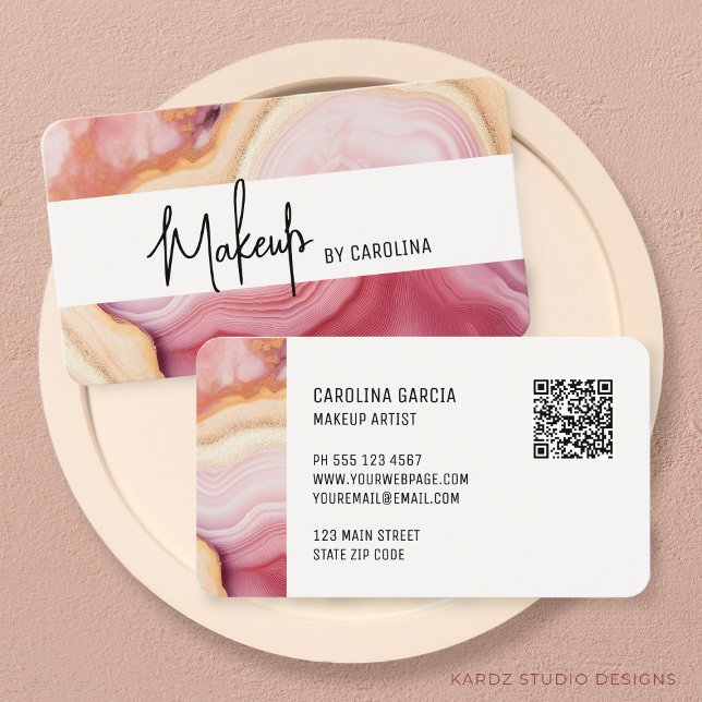 Cartão de visita do artista de luxo rosa (Business cards are shown in 3.5 x 2.0 inch size. Enter URL to create QR Code and add your info.)