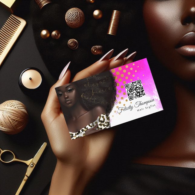 Cartão de visita do Código QR do Hairdresser Afro- (African American Hairdresser QR Code Business Card)