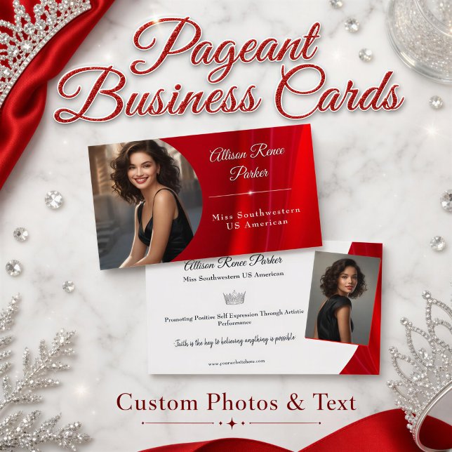 Cartão de Visita do Concurso Ruby Shine (Create a regal red photo business card to promote your pageant platform or title, custom photo, text)