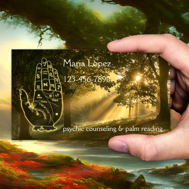 Cartão de visita do Leitor de Palmas da Floresta M (Business card featuring a magical forest with a hand palm outline. Great for a palm reader, psychic)