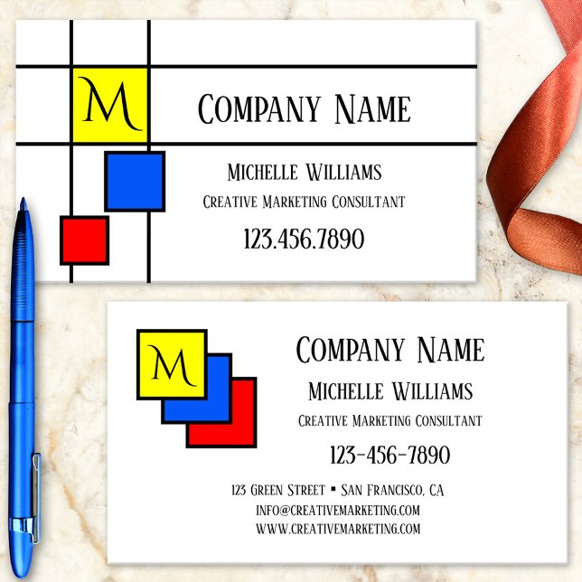 Cartão de visita do Marketing de Cores Primárias d (Business card featuring a Mondrian inspired design in primary colors)