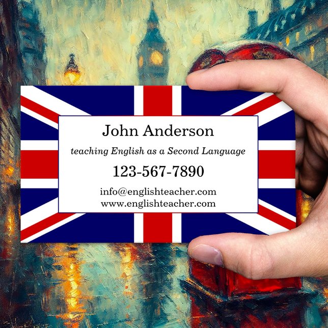 Cartão de visita do professor de língua inglesa (Business card for a teacher of the English language with the British flag)
