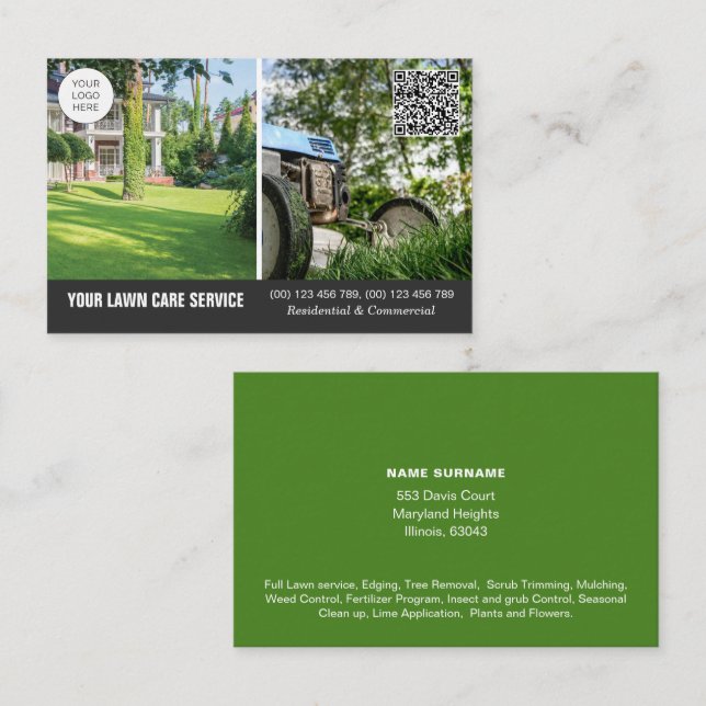 Cartão de visita do QR code Lawn Care com fotos (Frente/Verso)